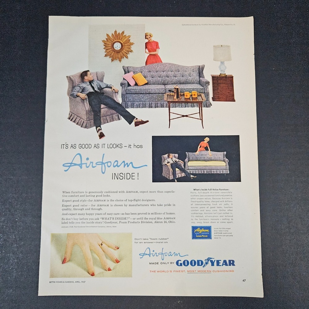 1957 Goodyear Airfoam Foam‎ Rubber Cushion Furniture Vintage Print Ad Akron OH